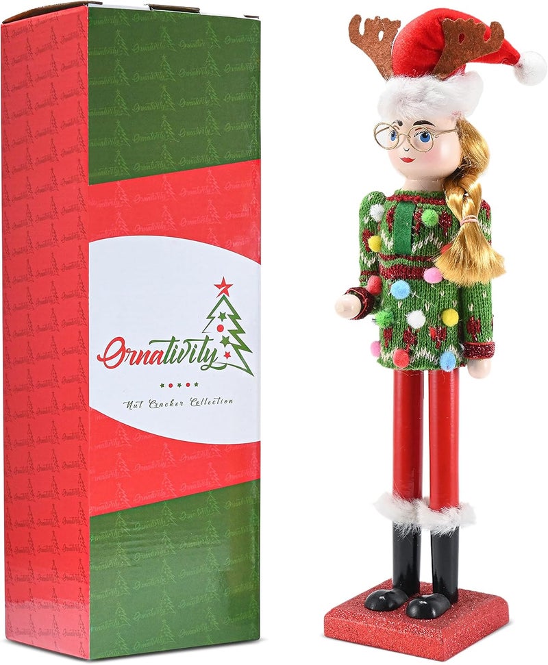 Ornativity Christmas Ugly Sweater Nutcracker – Red and Green Wooden Nutcracker Woman with an Ugly Sweater and Reindeer Hat Xmas Themed Holiday Nut Cracker Doll Figure Decorations 15" - Image 3